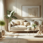 A tastefully designed living room with a beige sofa as the centerpiece. The room is filled with elegance and lightness, highlighted by a harmonious mix of soft colors like cream and white. Various decorative pieces, such as throw pillows and a small coffee table, complement the beige couch. Plants in a ceramic pot add a touch of freshness to the room. Natural light streams in through a large window, casting an inviting glow on the setting.