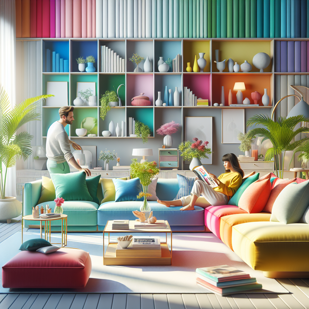 A vibrant living room setting showcasing the use of colorful sofas for decoration. The visualization should depict a light and airy atmosphere, with a mix of pastel shades and bold colors for the sofas, complemented by houseplants and elegant home decor. A Caucasian woman is reclining comfortably on one of the sofas while flipping through a design magazine, and a South Asian man is arranging a color-matched throw pillow on another. Care should be given to show a balance between the vivid colors of the sofas and other design elements to convey the concept of decorating with ease.