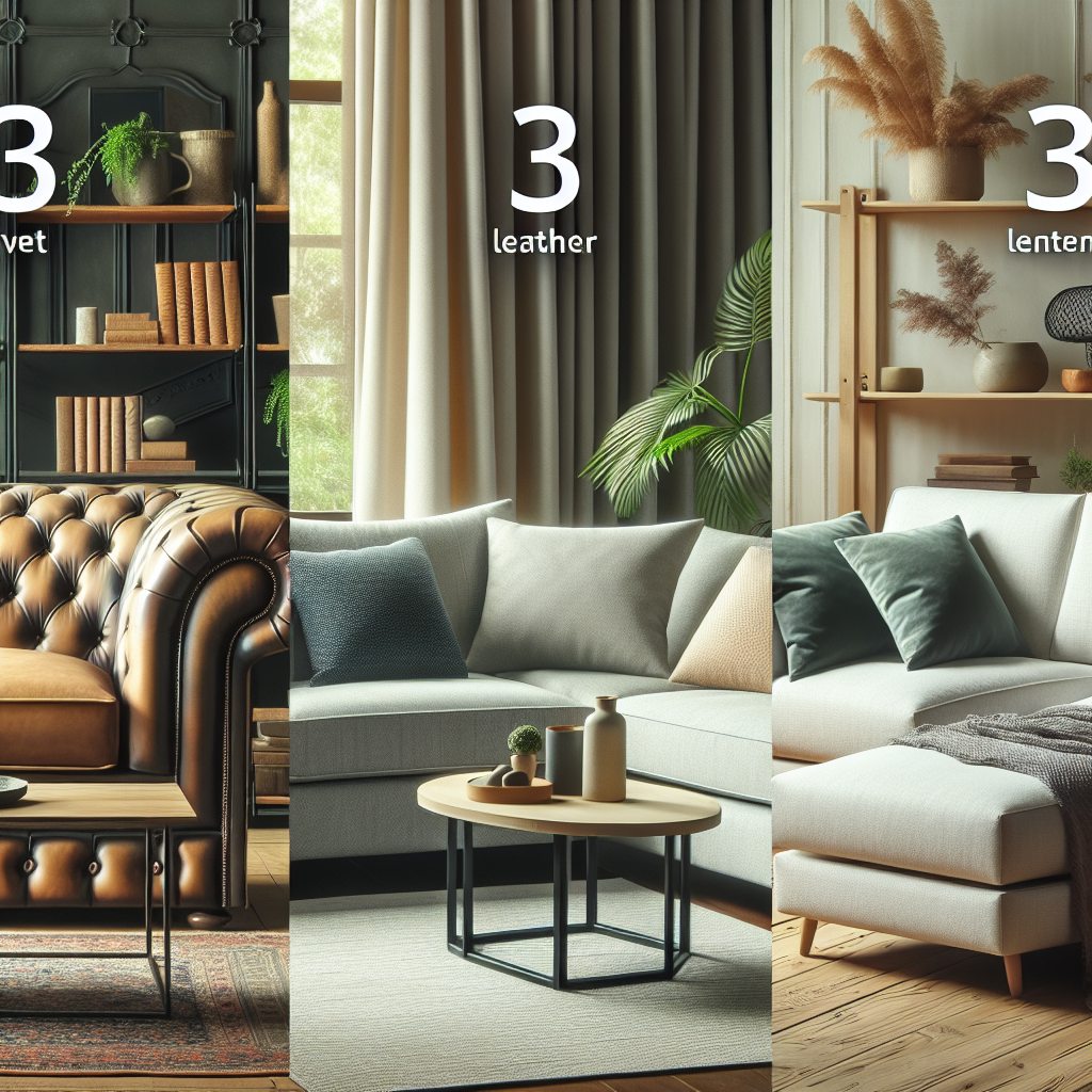 A well-crafted living room showcasing a few different types of sofas each made with distinct types of fabric. The first one, a Chesterfield sofa with a luxurious and shiny velvet fabric. The second one, a sectional couch in durable and practical leather. The third one, a modern Scandinavian styled love-seat covered in a lightweight linen fabric. The fabrics should clearly demonstrate their qualities, with the velvet looking plush and soft, the leather strong and durable, and the linen natural and breathable. Finally, include a comforting and warm atmosphere around the room, emphasizing the importance of comfort and durability for sofa's fabric selection.