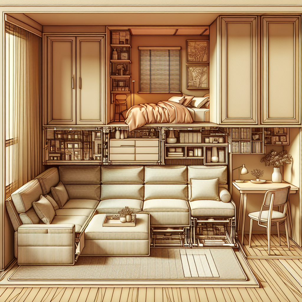 An intricate depiction of a small living room tastefully decorated, with emphasis on the retractable sofa. The space-saving furniture is a distinct focal point in the room layout, catering to the minimalistic approach required in snugger spaces. The room is awash with warm, neutral color palettes which beautifully blend into one another. The room displays clever organization with multi-purpose furniture, perfectly balancing style and functionality. The retractable sofa appears comfortable and inviting, subtly hinting at its versatile nature, offering both a place to sit during the day and a cozy bed at night.